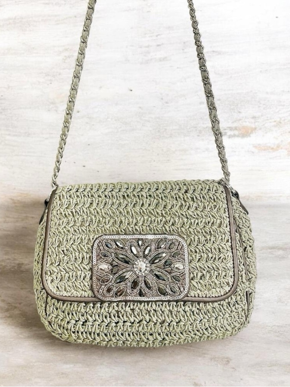 Brighton Woven Sage Green Crossbody Bag with Decorative Jewel Accent